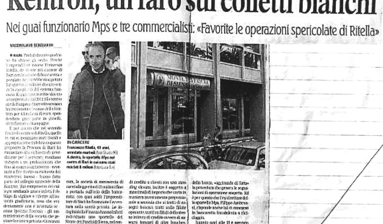 Kentron, un faro sui colletti bianchi. Nei guai funzionario Mps e tre commercialisti: «Favorite le operazioni spericolate di R.» In uno sportello di Bari sono stati cambiati in contanti assegni per oltre 2 milioni di euro: 
