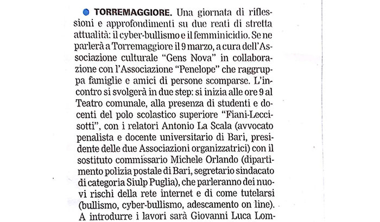 Il bullismo sul web e i femminicidi. Appuntamento il 9 marzo a Torremaggiore