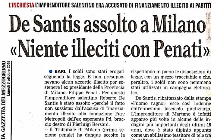 1 A Milano è stato assolto De Santis, nessun illecito con Penati