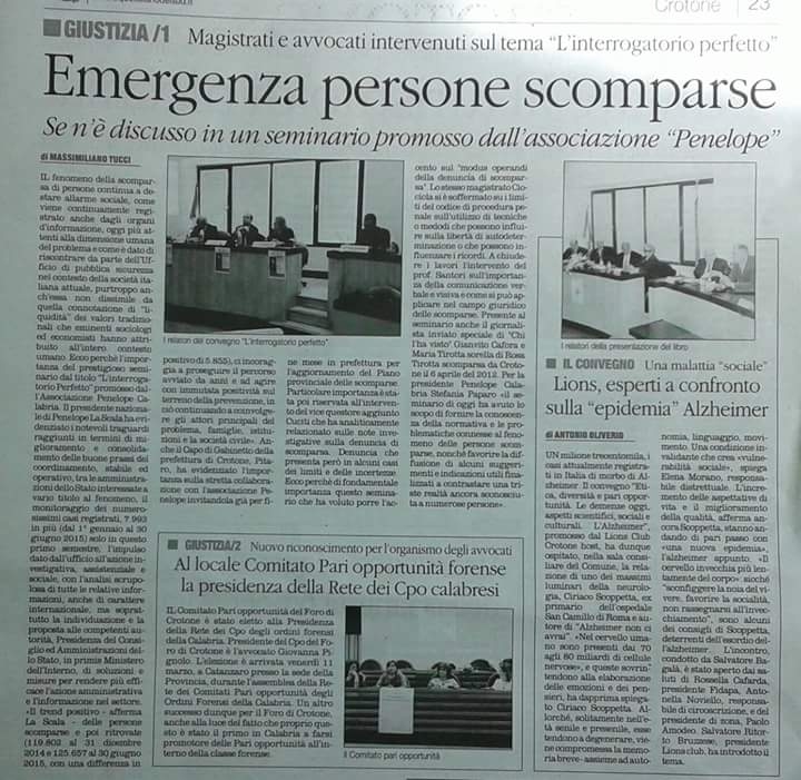 1 Emergenza persone scomparse. Se ne è discusso nel corso di un seminario promosso dall'Associazione Penelope Italia