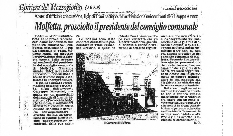 Molfetta, prosciolto il presidente del consiglio comunale. Abuso d'ufficio e concussione, il gip di Trani ha disposto l'archiviazione