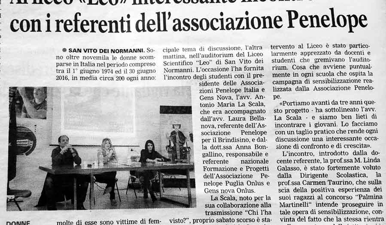 I referenti dell'Associazione Penelope incontrano i giovani presso il liceo LEO.