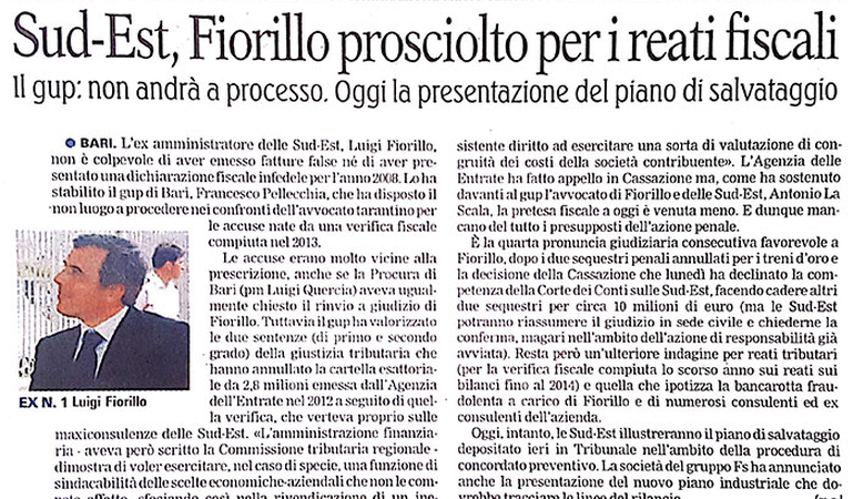 Ferrovie Sud-Est, Fiorillo prosciolto per i reati fiscali.