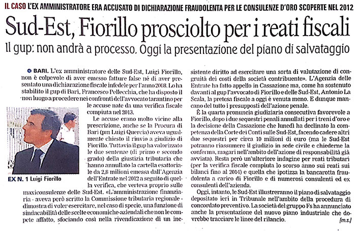 1 Ferrovie Sud-Est, Fiorillo prosciolto per i reati fiscali.