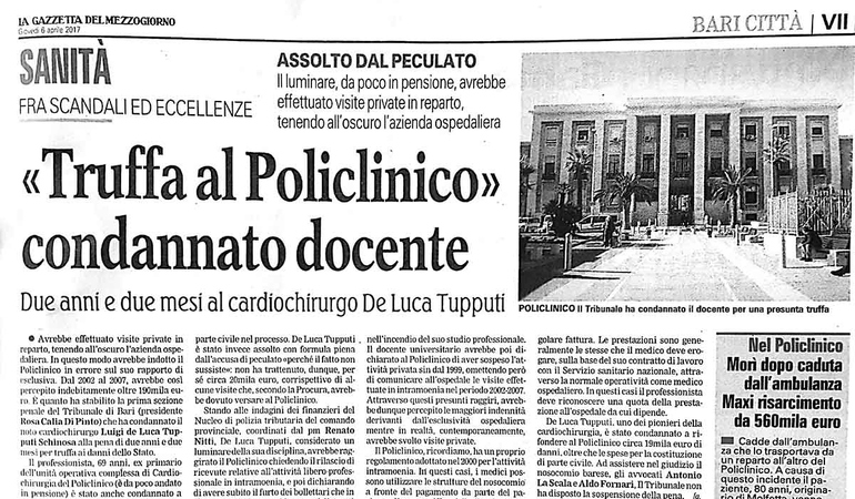 Condannato per peculato il primario del reparto di cardiologia del Policlinico di Bari