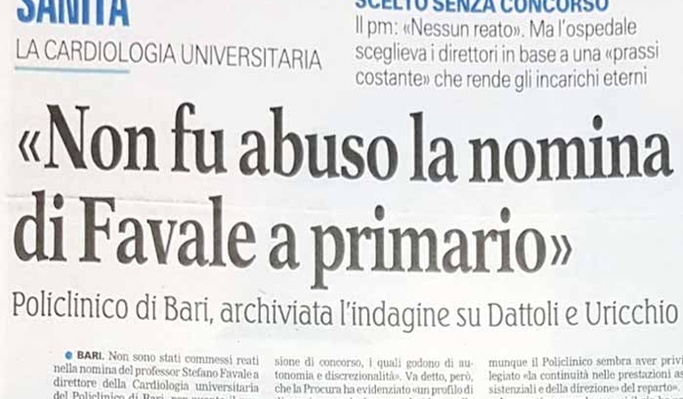 Accolta la richiesta di archiviazione per la nomina del primario del Policlinico di Bari