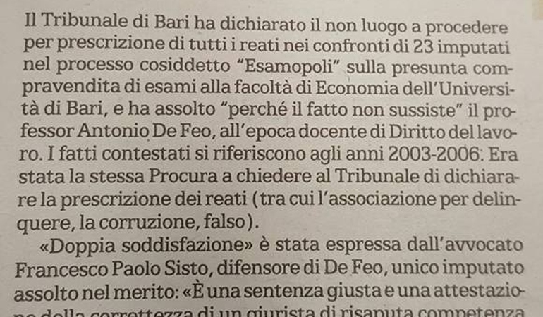 Prescrizione cancella l'inchiesta esampoli