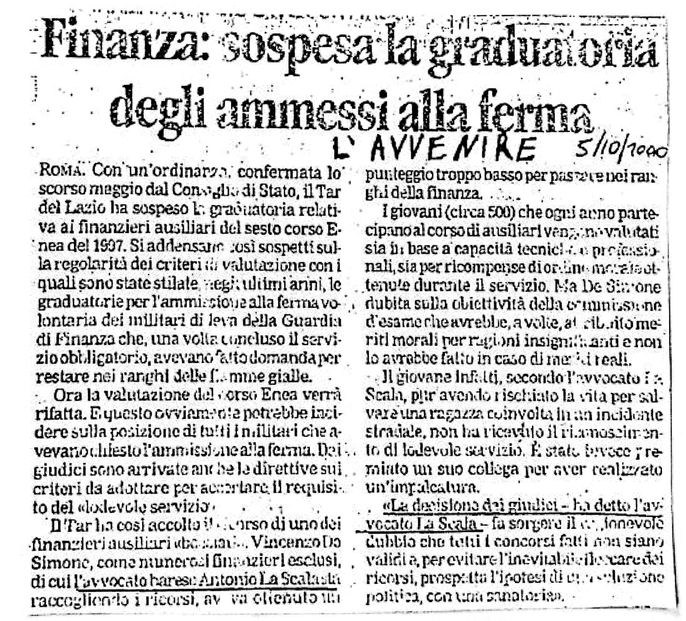 1 Finanza: sospesa la graduatoria degli ammessi alla ferma
