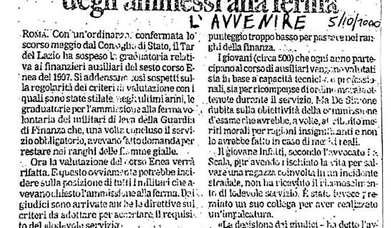 Finanza: sospesa la graduatoria degli ammessi alla ferma