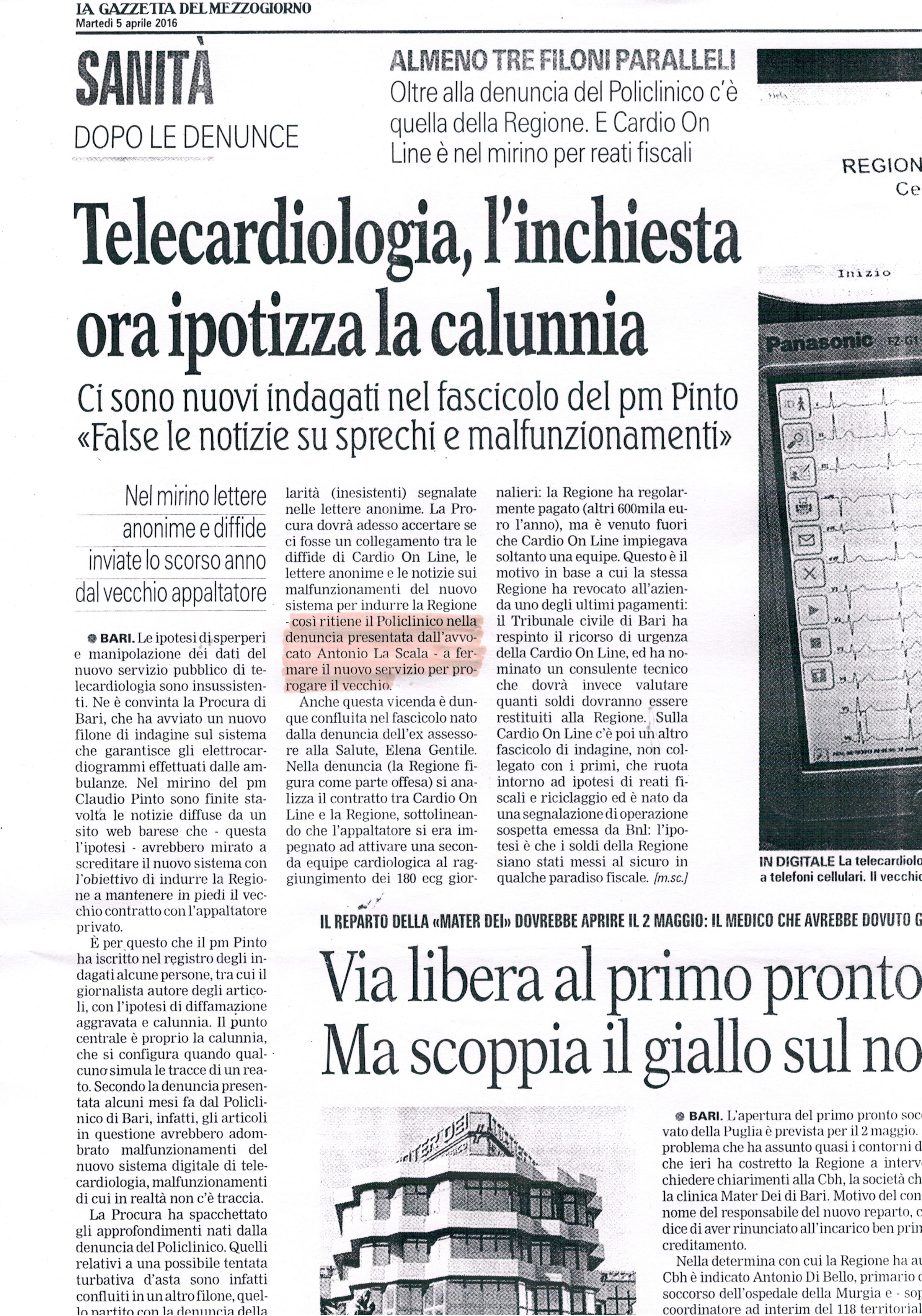 1 Telecardiologia, l'inchiesta ora ipotizza la calunnia