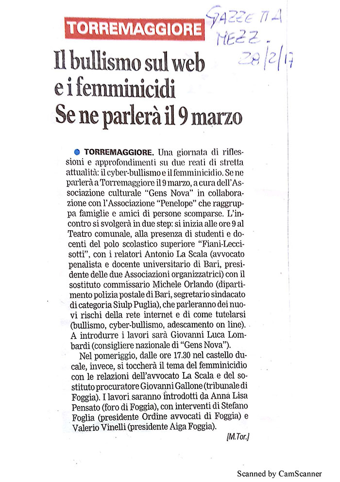 1 Il bullismo sul web e i femminicidi. Appuntamento il 9 marzo a Torremaggiore