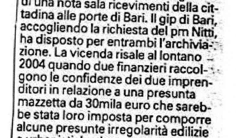 Non ci fu concussione da parte dei Vigili. Archiviazione per il capo dei vigili urbani di Casamassima e il dirigente dell'ufficio tecnico.