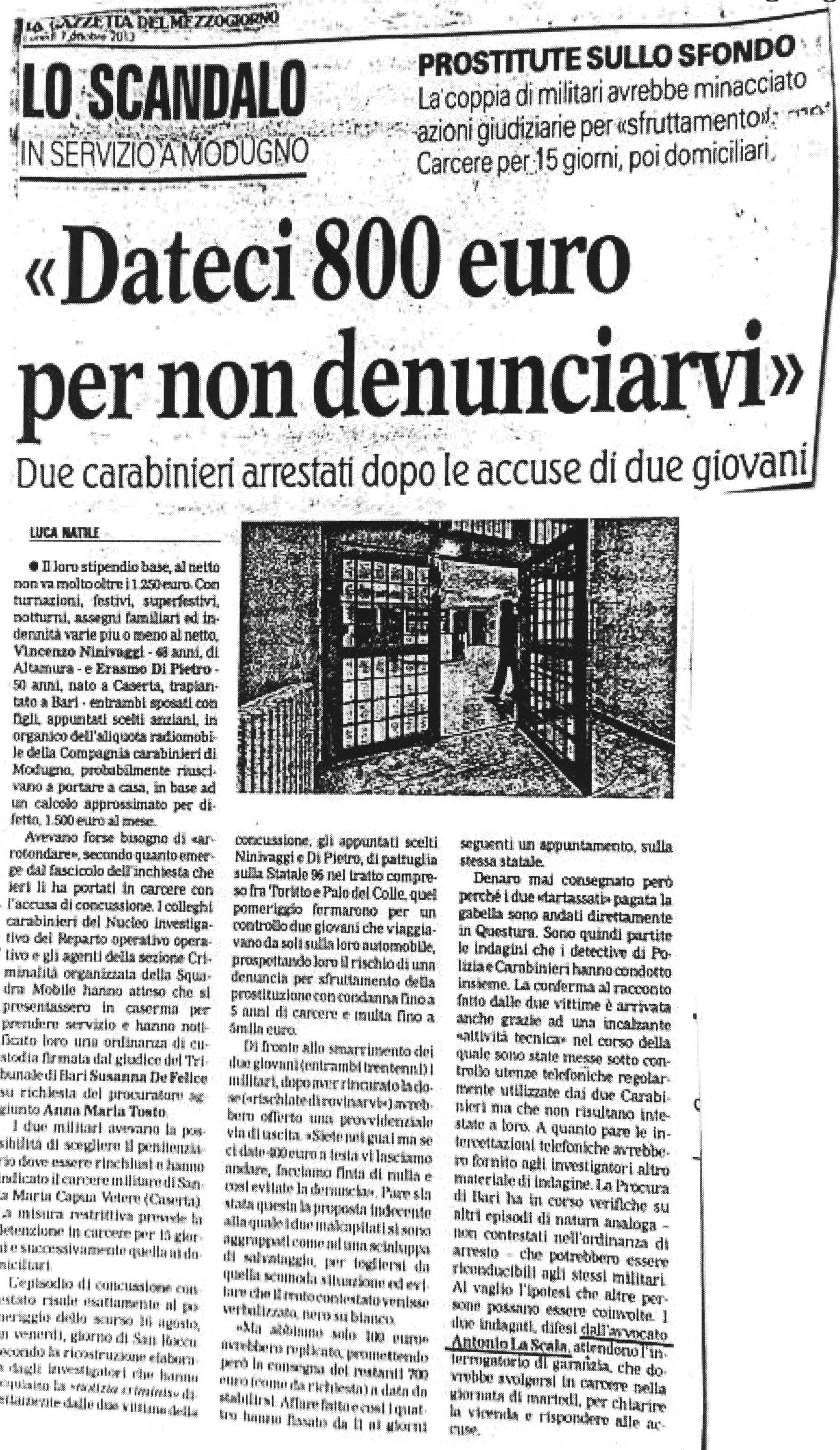 1 «Dateci 800 euro per non denunciarvi». Due carabinieri arrestati dopo le accuse di due giovani.