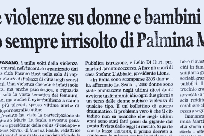 1 Troppi episodi di violenza su donne e bambini e il caso di Palmina Martinelli