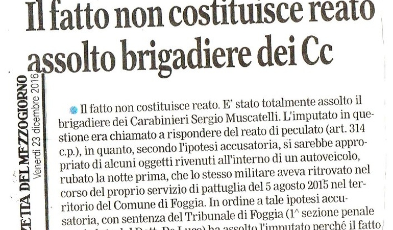 Il fatto non costituisce reato assolto brigadiere dei Cc