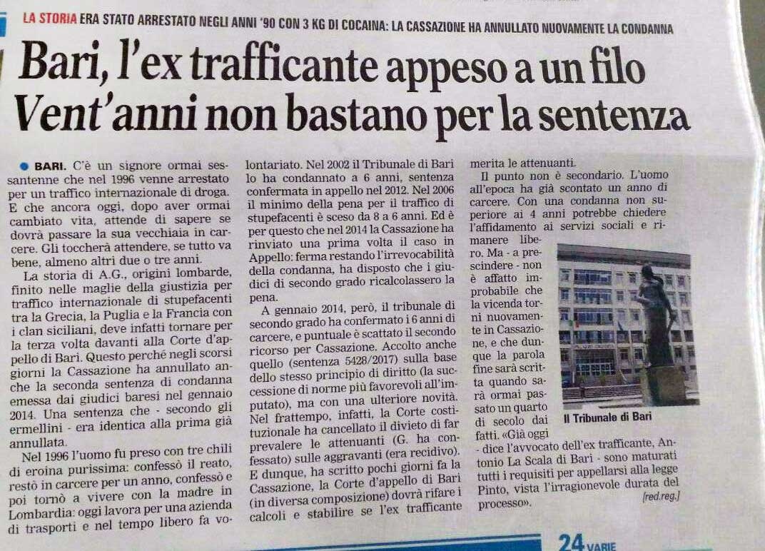 1 Bari, l'ex trafficante appeso a un filo. Vent'anni non bastano per la sentenza